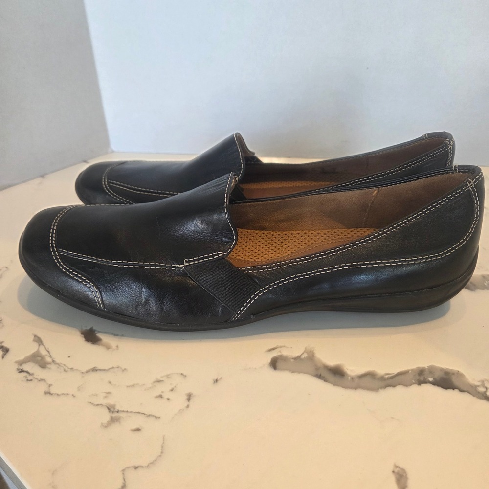 Naturalizer/Natural Soul Blk Leather Loafers Comfort Slip On Wht Stitch Women 11 - Picture 5 of 13